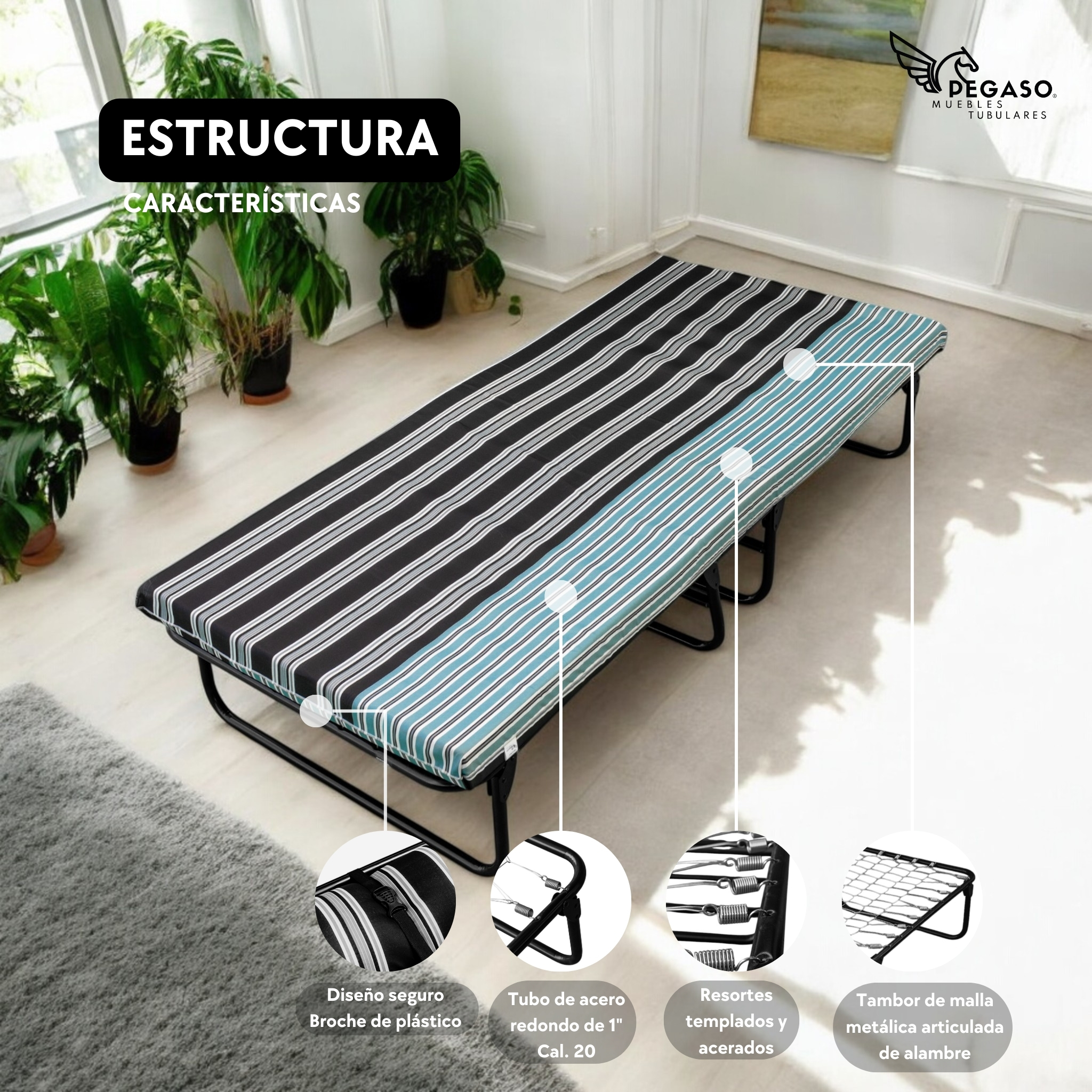 Catre Camastro Plegable de Malla Metálica con Colchón De 8 cm. Pegaso 