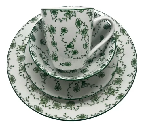 Vajilla 16 Piezas Cerámica Elegante Royal Haus Resistente Color Verde Floreado