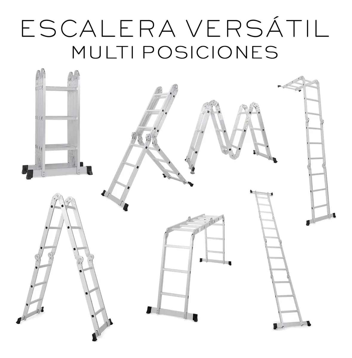 Escalera Multiposiciones Plegable 3.5 metros 12 Peldaños Tipo Tijera 8 En 1 Andamio de Aluminio Plata Nube