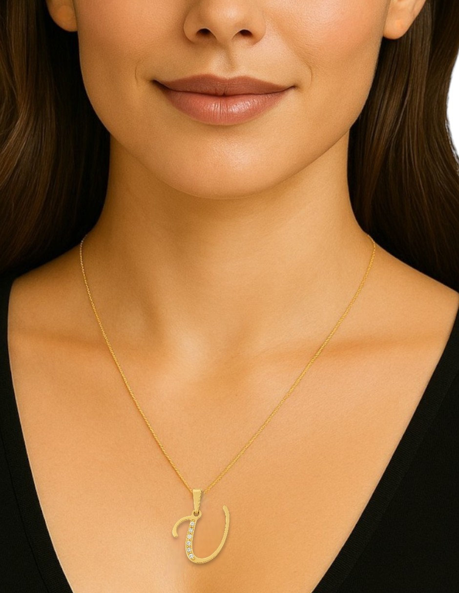 Dije Inicial Letra U Con Circonias Oro 14 K + Obsequio