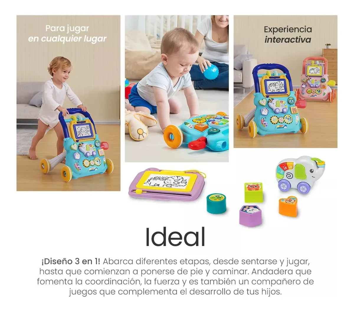 Andadera Para Bebes 3 En 1 Musical Juguete Didáctico Tablero