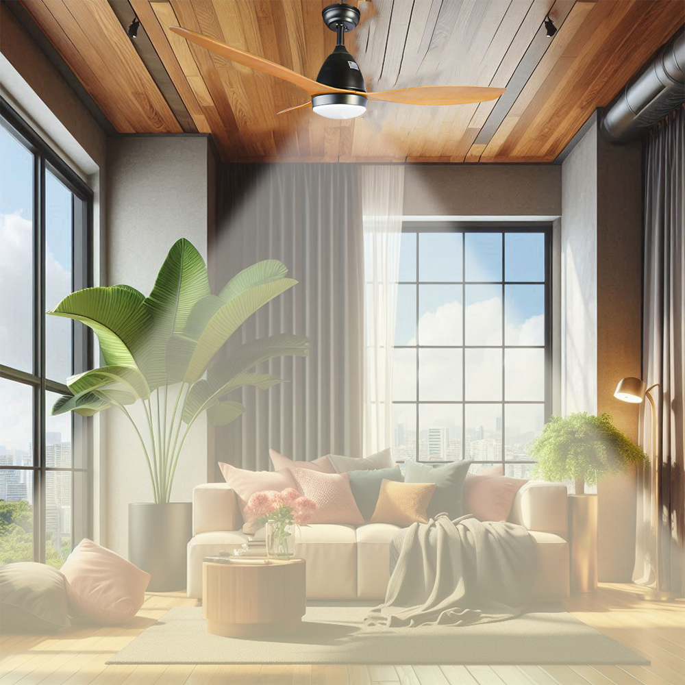 CITYLUZ PREMIUM ASPAS TIPO MADERA / LUZ LED VENTILADOR DE TECHO NEGRO CON ASPAS COLOR MADERA CLARA 110CM X 35CM INCLUYE 1 UNIDAD