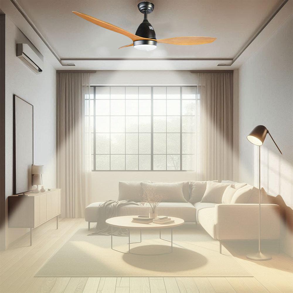 CITYLUZ PREMIUM ASPAS TIPO MADERA / LUZ LED VENTILADOR DE TECHO NEGRO CON ASPAS COLOR MADERA CLARA 110CM X 35CM INCLUYE 1 UNIDAD