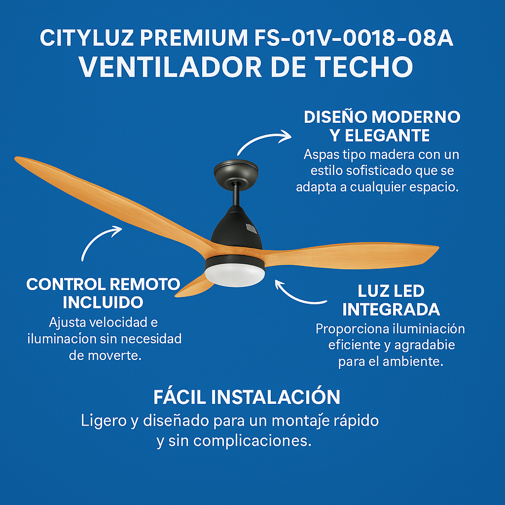 CITYLUZ PREMIUM ASPAS TIPO MADERA / LUZ LED VENTILADOR DE TECHO NEGRO CON ASPAS COLOR MADERA CLARA 110CM X 35CM INCLUYE 1 UNIDAD