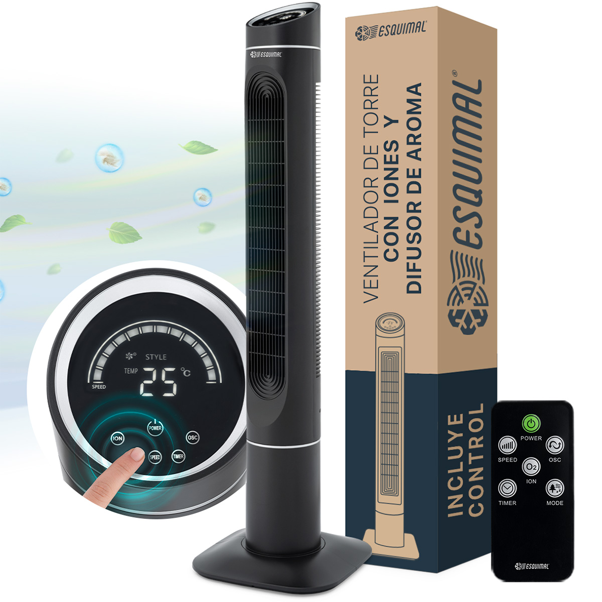 Ventilador de Torre 128 cm Ionizador Purificador con Caja de Aromas Panel con Temperatura Giratorio Negro ESQUIMAL