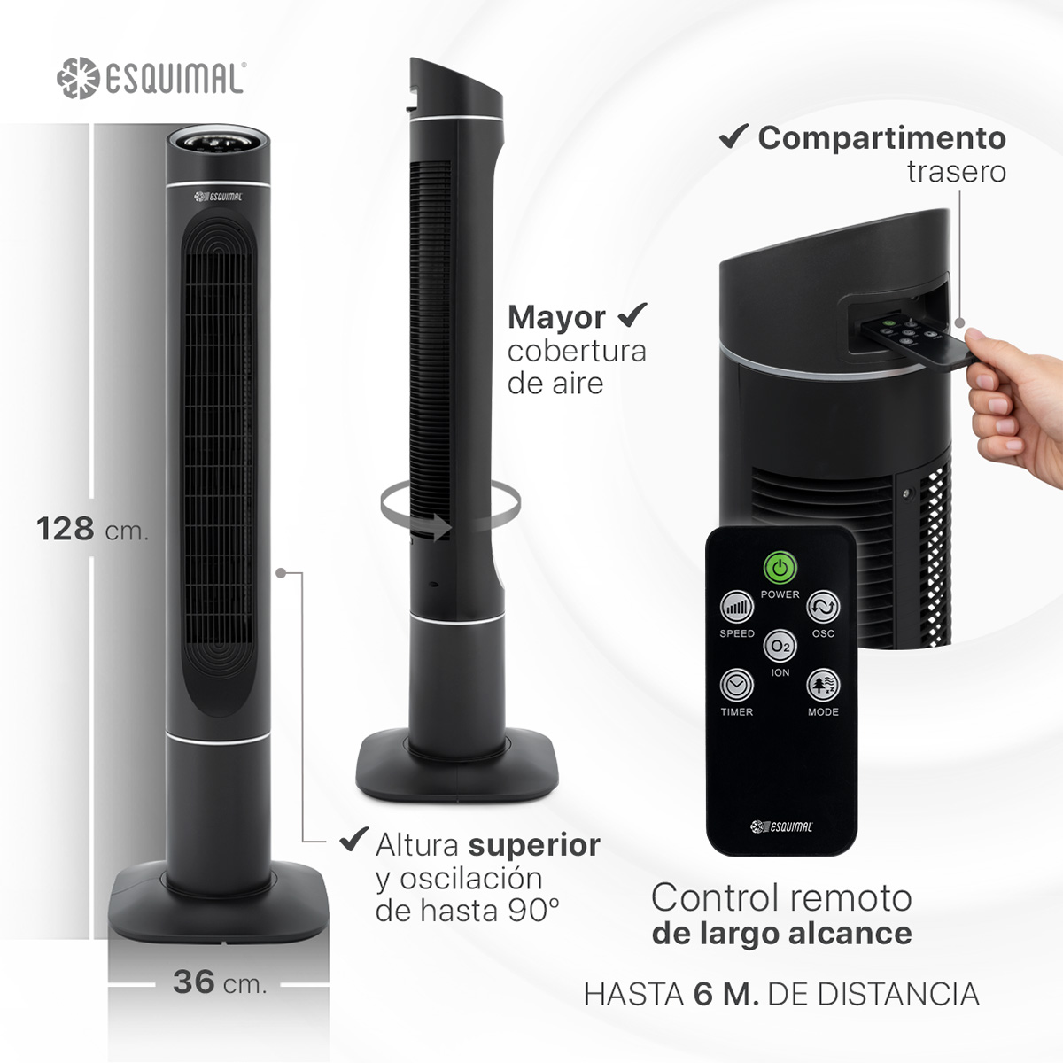 Ventilador de Torre 128 cm Ionizador Purificador con Caja de Aromas Panel con Temperatura Giratorio Negro ESQUIMAL