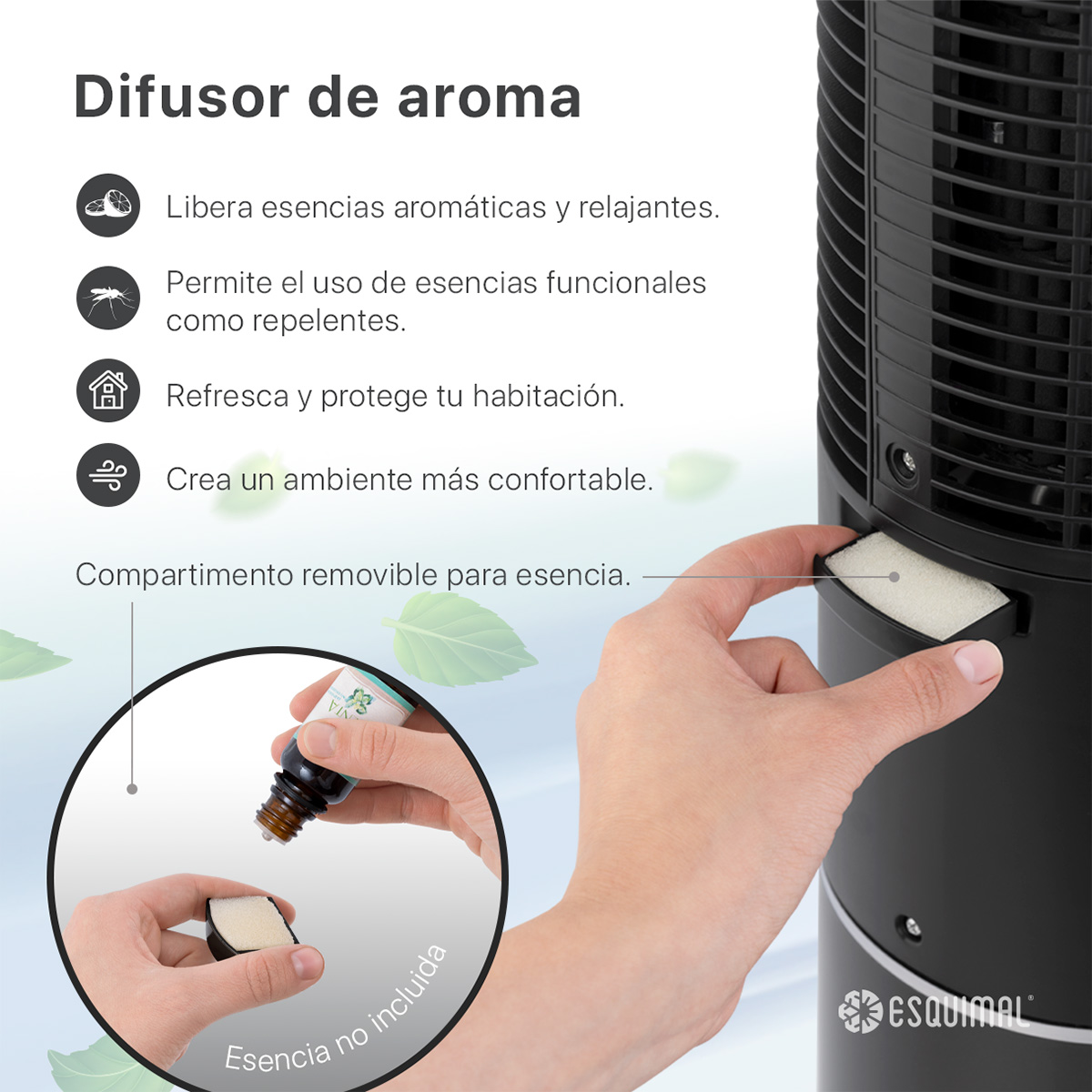 Ventilador de Torre 128 cm Ionizador Purificador con Caja de Aromas Panel con Temperatura Giratorio Negro ESQUIMAL