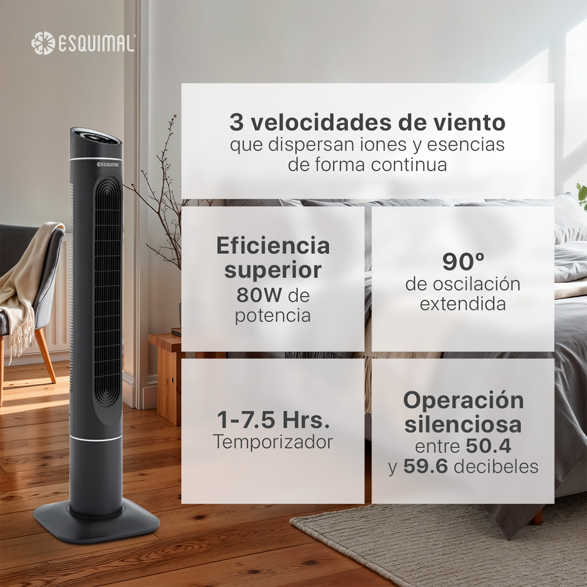 Ventilador de Torre 128 cm Ionizador Purificador con Caja de Aromas Panel con Temperatura Giratorio Negro ESQUIMAL