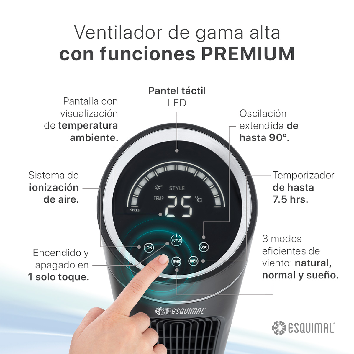 Ventilador de Torre 128 cm Ionizador Purificador con Caja de Aromas Panel con Temperatura Giratorio Negro ESQUIMAL