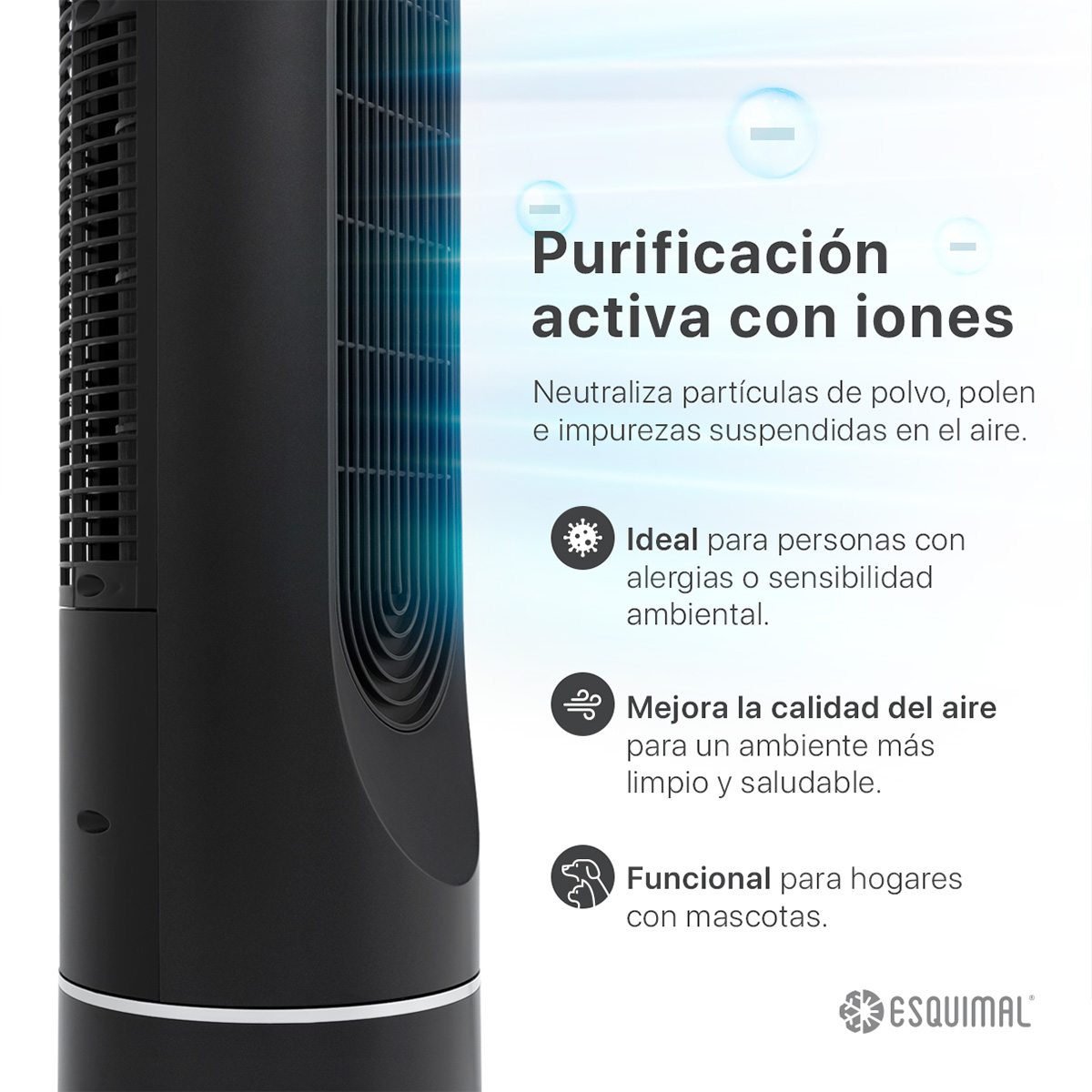 Ventilador de Torre 128 cm Ionizador Purificador con Caja de Aromas Panel con Temperatura Giratorio Negro ESQUIMAL