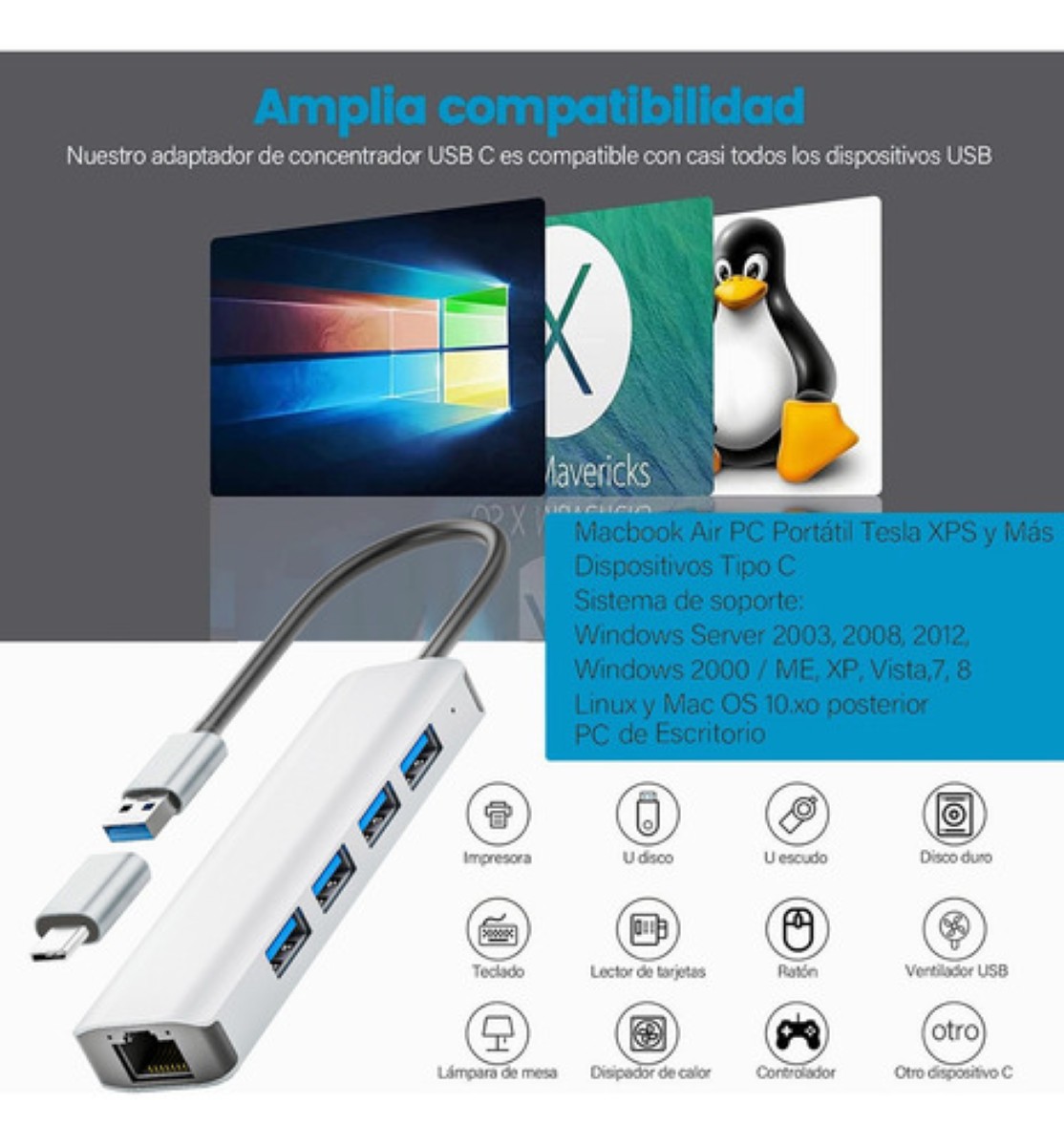 "Adaptador De Cables De Red Hub Ethernet Rj45 Lan Gigabit Usb Blanco  "
