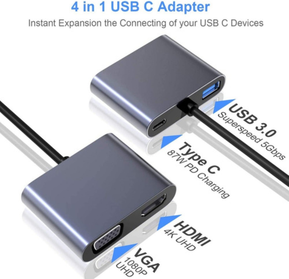 "Adaptador Usb C A Hdmi Vga 4 En 1 Para Macbook/air Pro/iPad plata  "