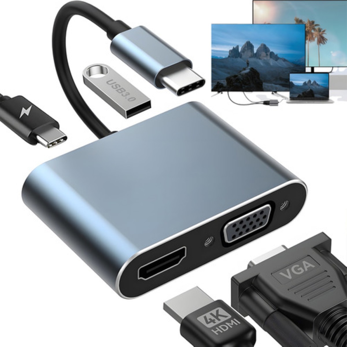 "Adaptador Usb C A Hdmi Vga 4 En 1 Para Macbook/air Pro/iPad plata  "