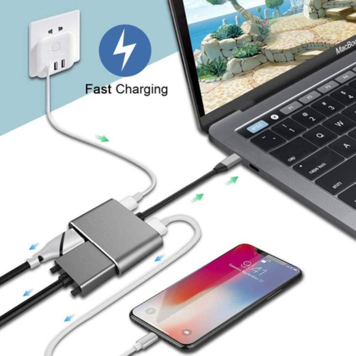 "Adaptador Usb C A Hdmi Vga 4 En 1 Para Macbook/air Pro/iPad plata  "