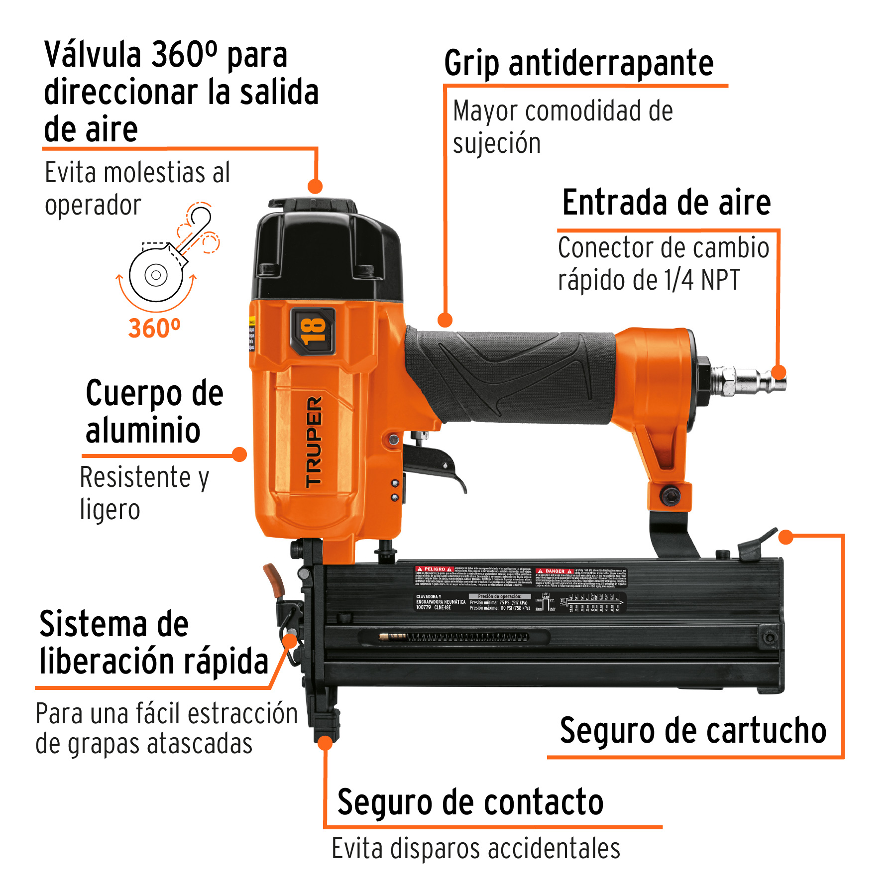Clavadora y engrapadora neumática profesional, calibre 18