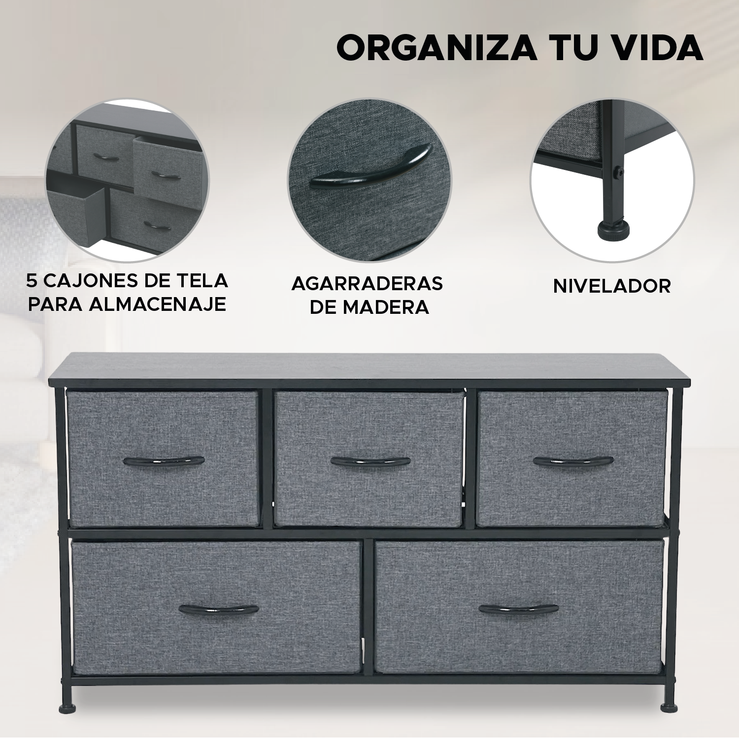 Organizador Estante 5 Cajones Gavetas de Tela Almacenamiento Gris