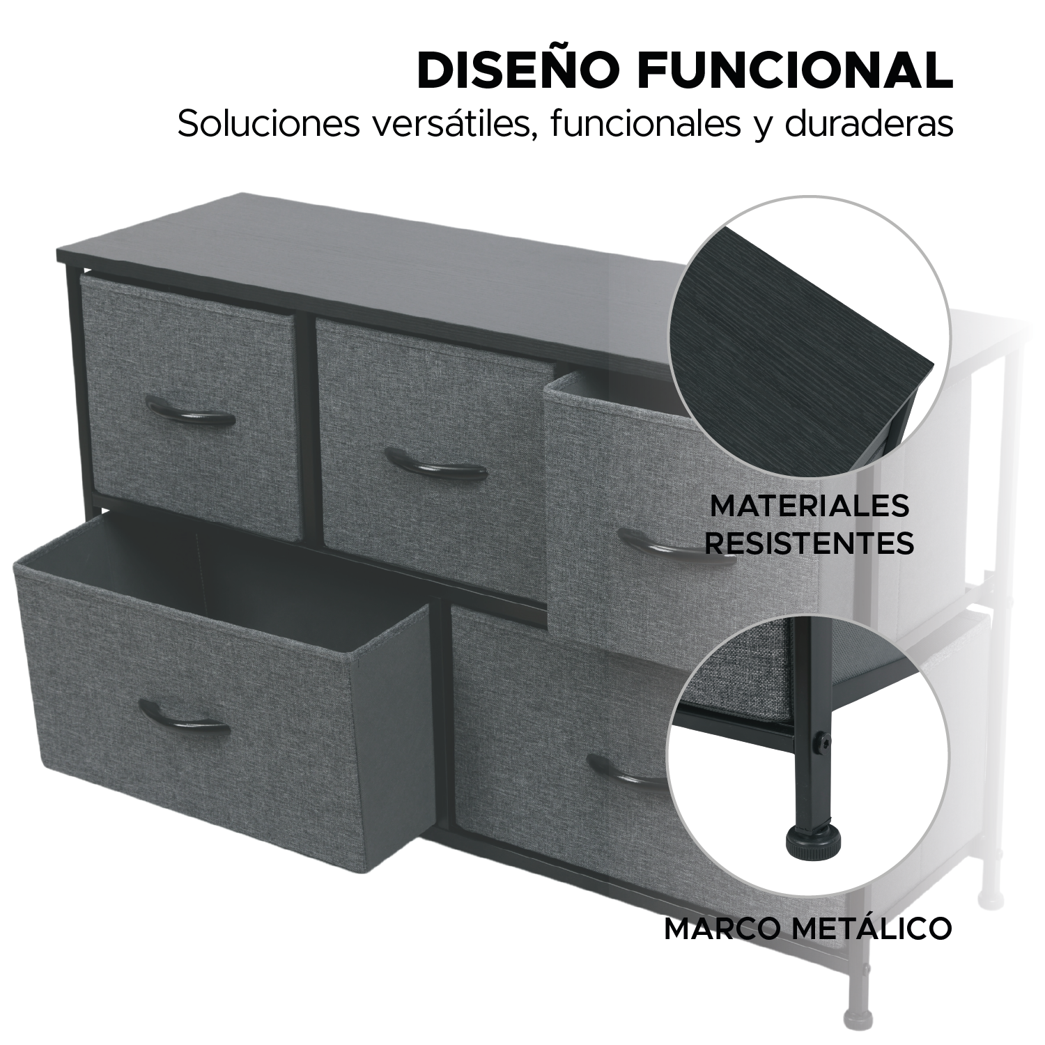 Organizador Estante 5 Cajones Gavetas de Tela Almacenamiento Gris