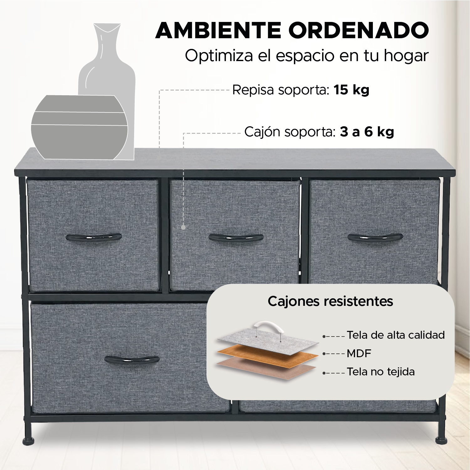 Organizador Estante 5 Cajones Gavetas de Tela Almacenamiento Gris