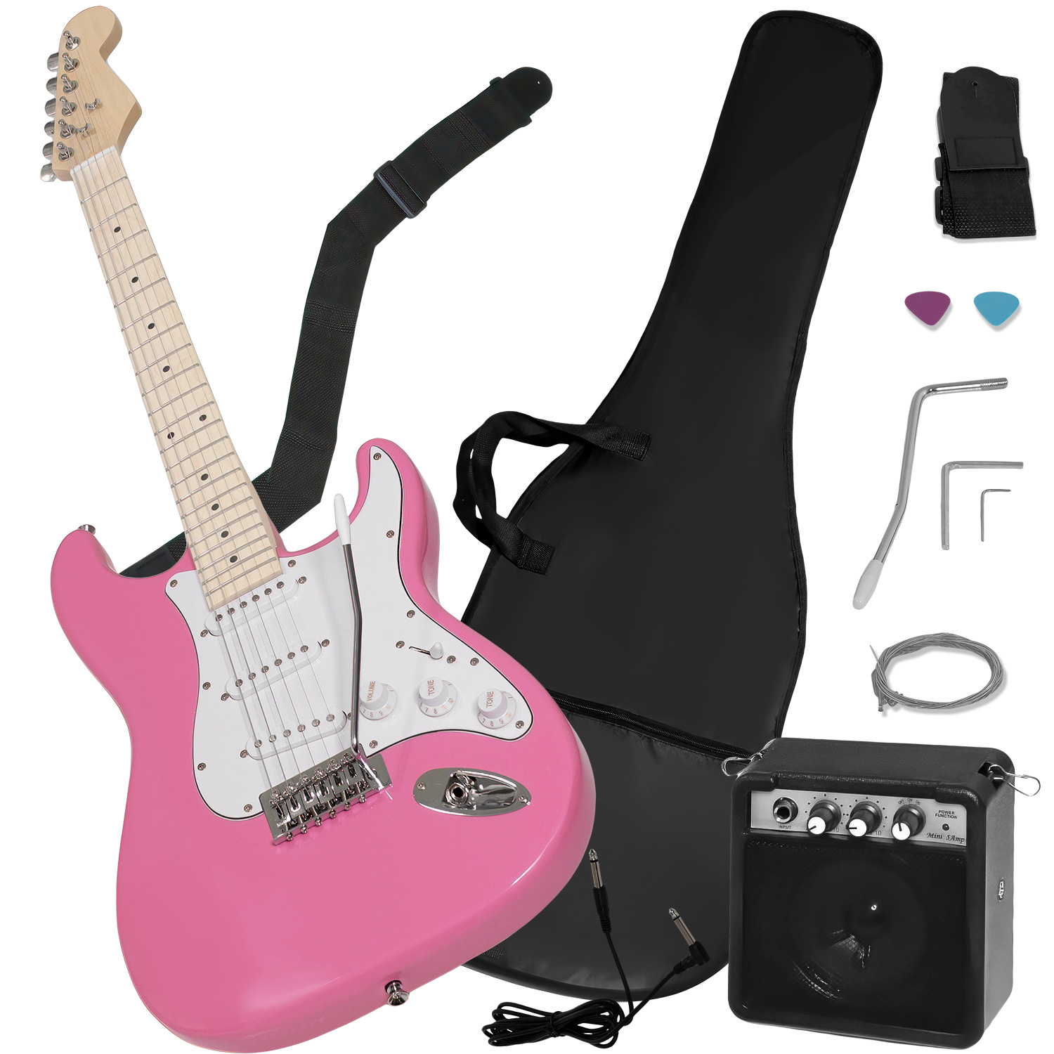 Guitarra Electrica Accesorios Rosa + Amplificador De Regalo 9v 5a Audiotek