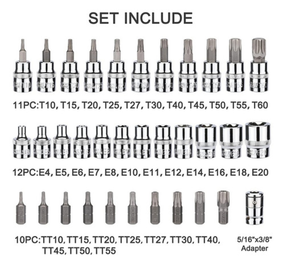 "Juego De Dados Y Puntas 3/8 Torx, 34 Pz, Hembra Y Macho Estiche Azul "
