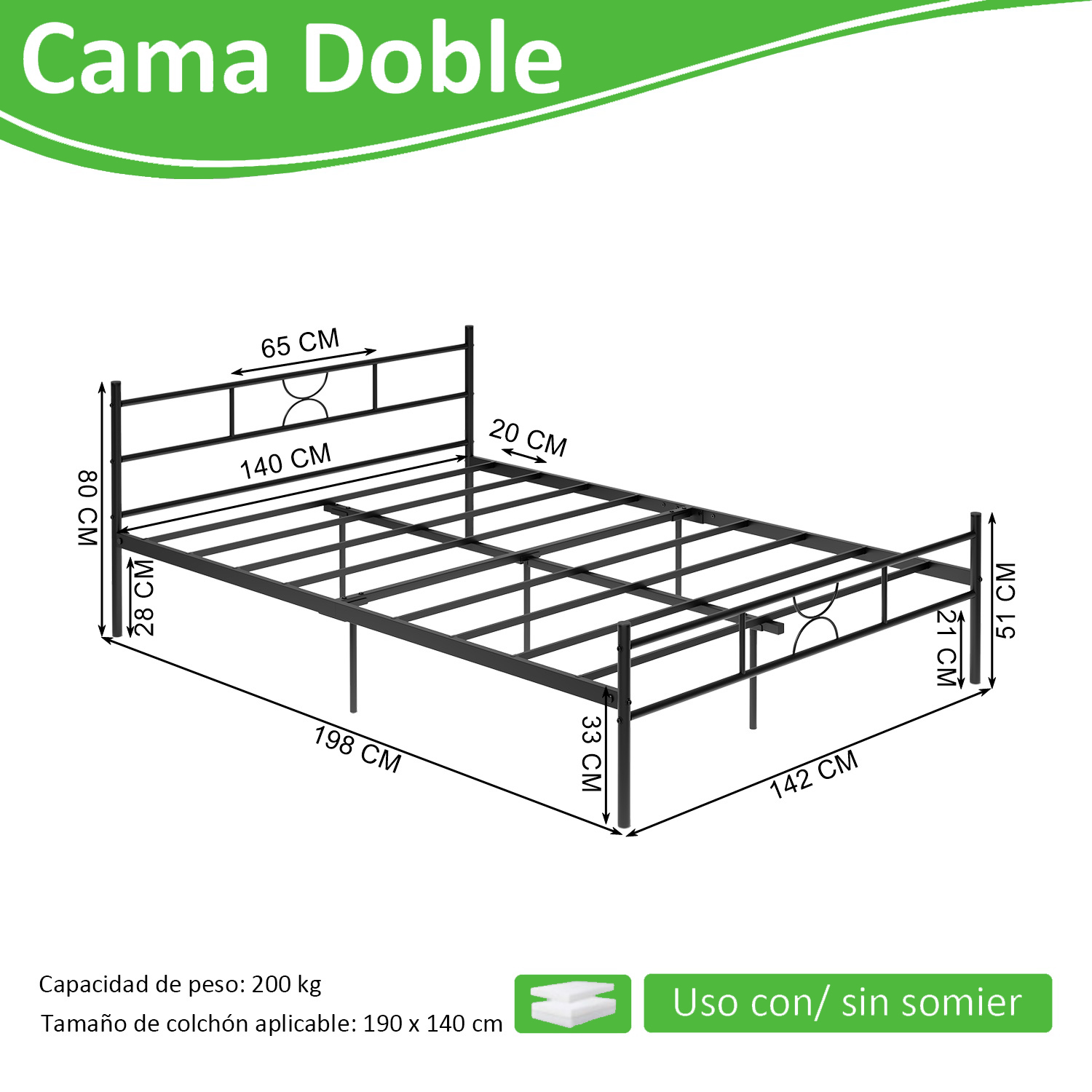 Base Metal Cama Soporte Recamara Matrimonial Negro