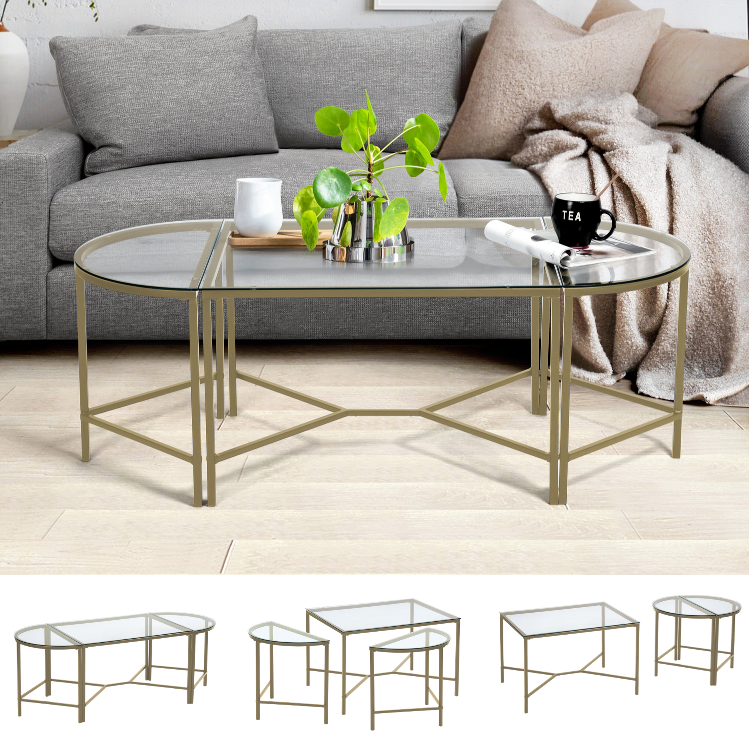 Set De 3 Mesas De Centro Mesitas Auxiliar Apilables Cristal