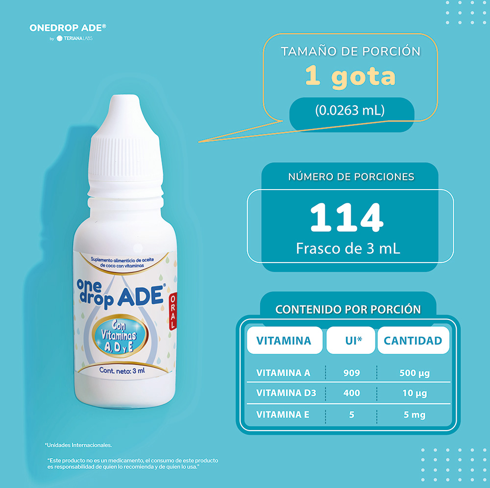 Vitamina ONEDROP ADE | Frasco de 3 ML 114 Gotas | Vitamina A, D3 y E | Multivitamínico | Sin Azúcar | Sin Sabor