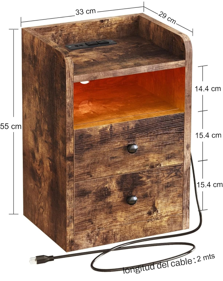 Buro para recamara rústico con enchufe y luz LED 