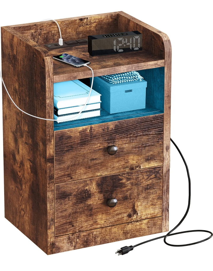 Buro para recamara rústico con enchufe y luz LED 