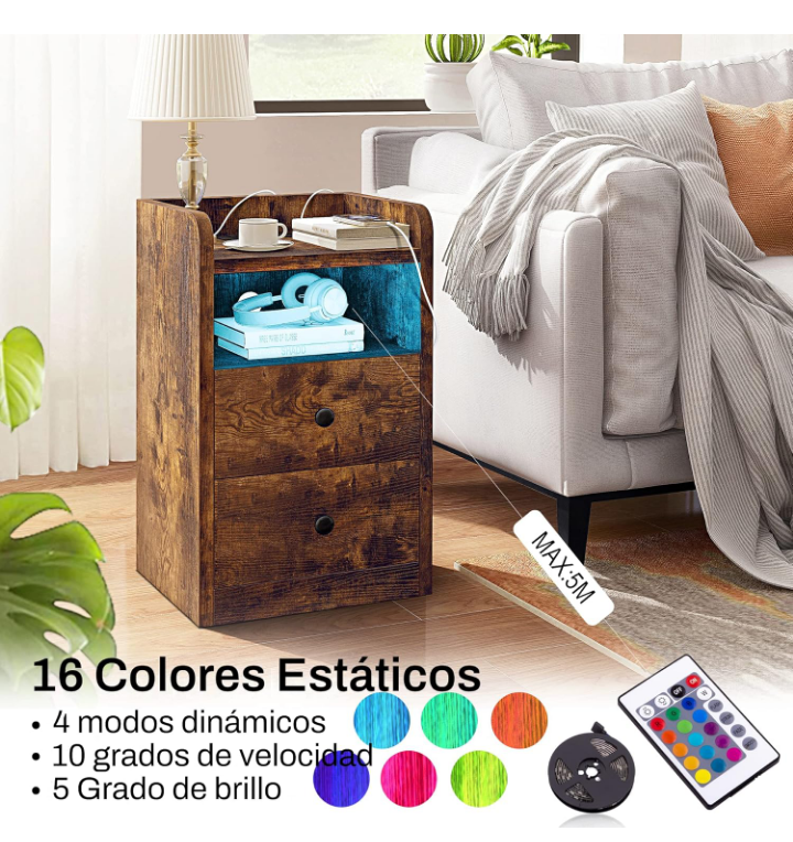Buro para recamara rústico con enchufe y luz LED 