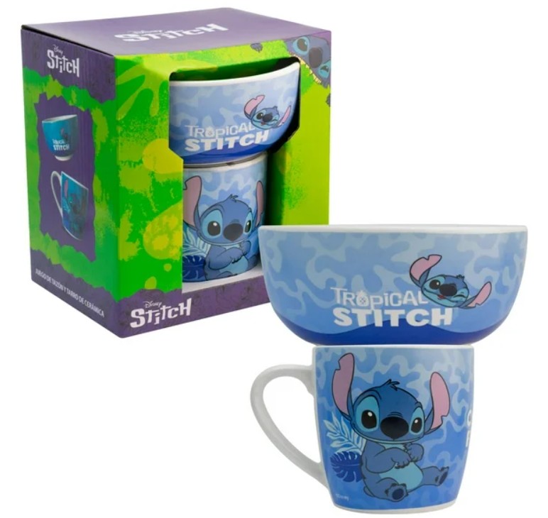 Stitch Set Desayuno Individual, Vajilla Porcelana 2 Piezas, Lilo & Stitch Tropical Disney con Caja de Regalo
