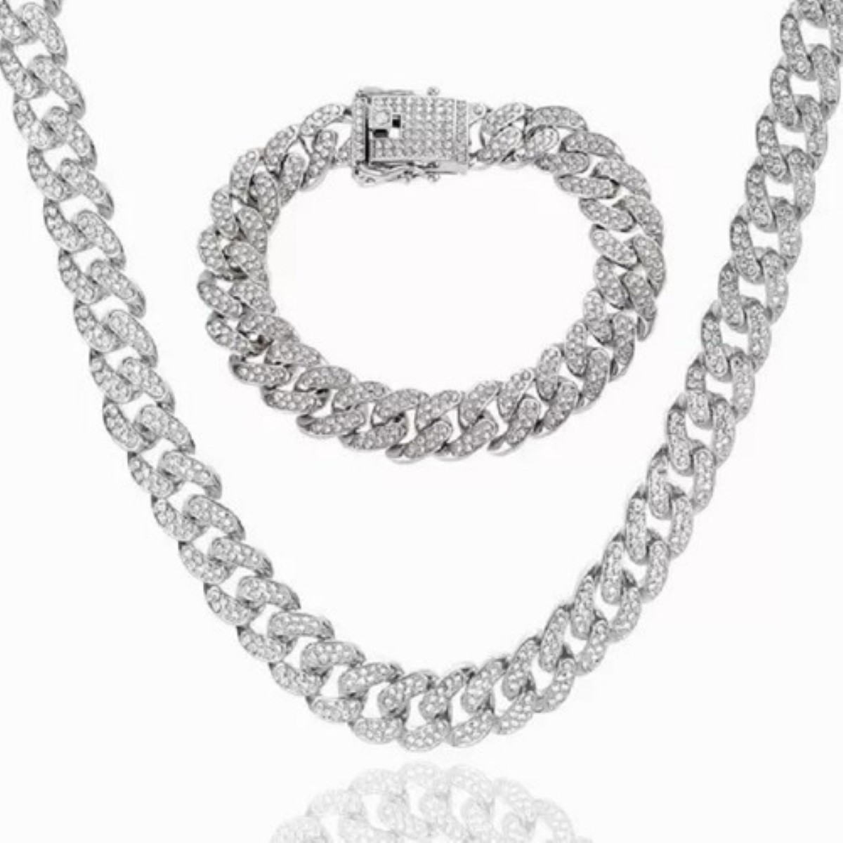 "Collar Y Pulsera Cubana Con Diamantes De Hip Hop Para Hombre plata "