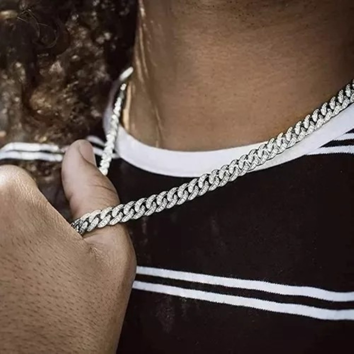 "Collar Y Pulsera Cubana Con Diamantes De Hip Hop Para Hombre plata "