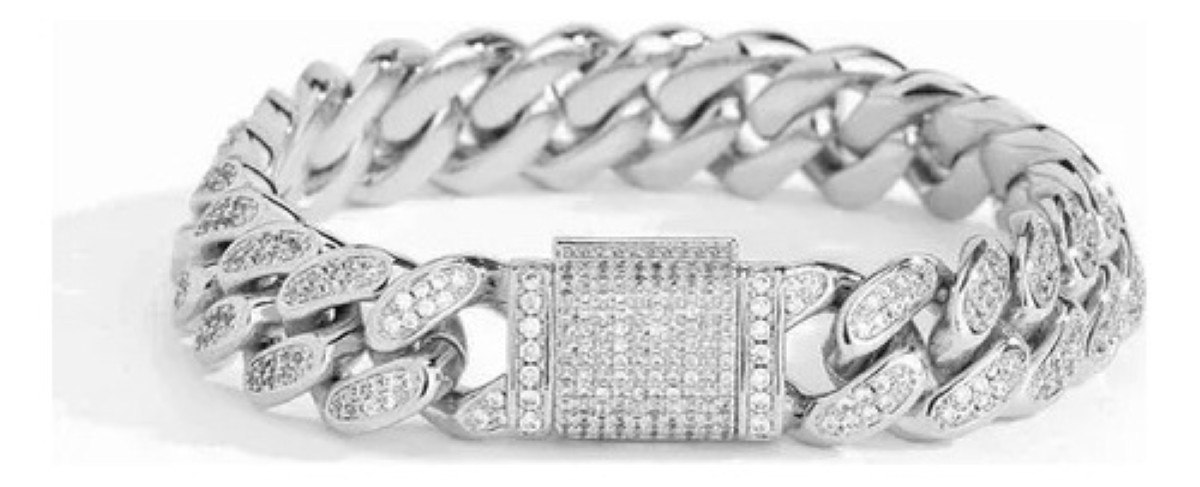 "Collar Y Pulsera Cubana Con Diamantes De Hip Hop Para Hombre plata "