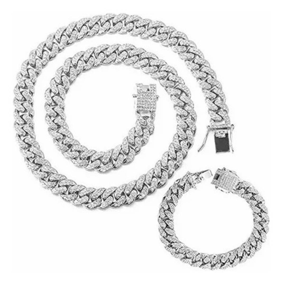 "Collar Y Pulsera Cubana Con Diamantes De Hip Hop Para Hombre plata "