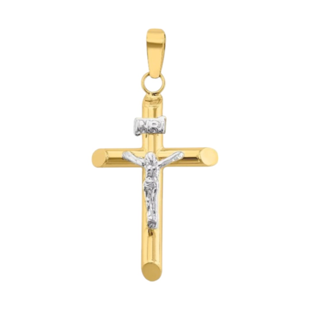 Kit Cadena Con Dije Cruz Tubo Cristo Oro 14k + Obsequio.