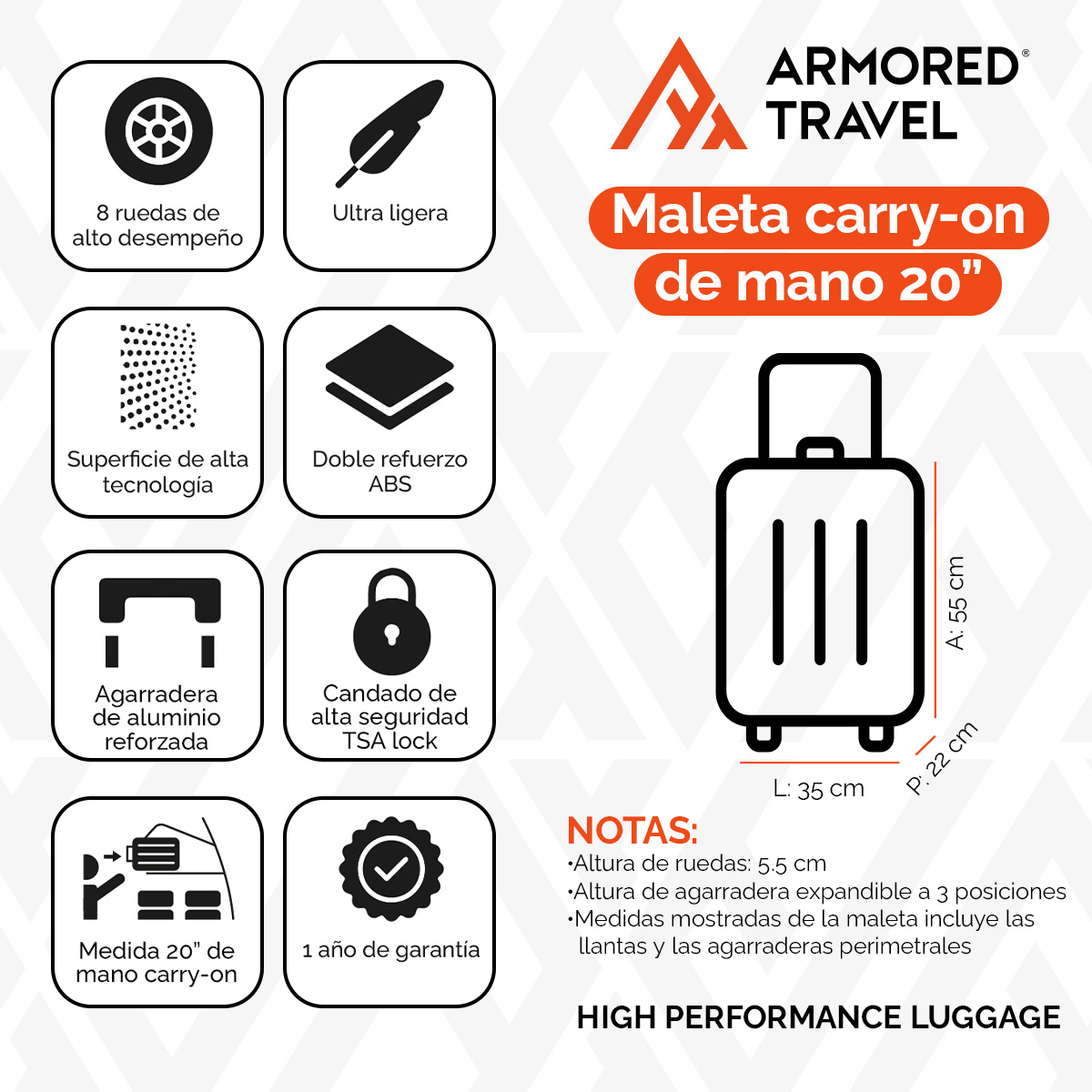Maleta De Viaje Rígida Carry On De Mano Cabina Rosa 20 Pulgadas 10 Kg ABS doble refuerzo Con Candado Alta Seguridad Tsa Lock Armored Travel
