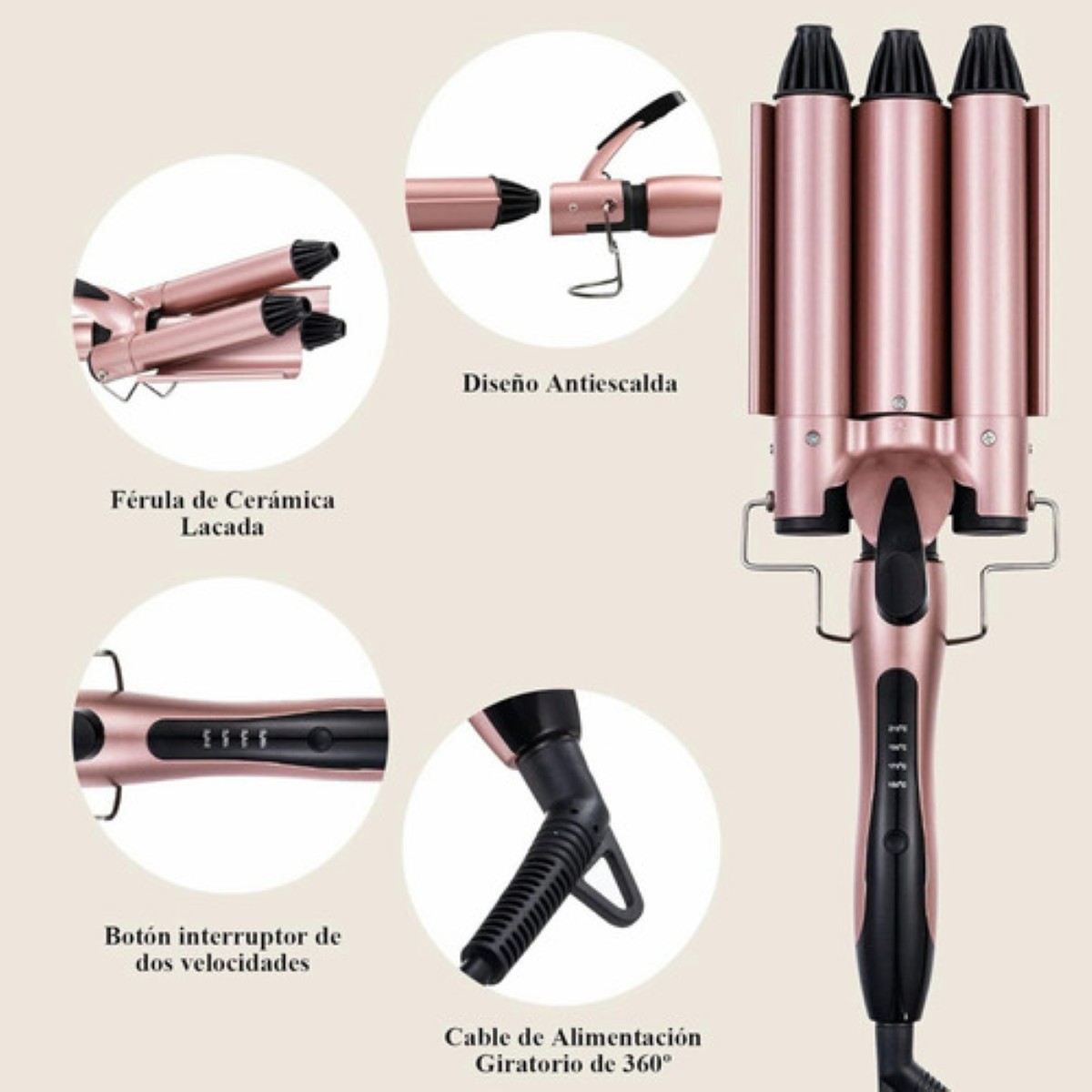 "Tenaza Rizadora Cabello Para Ondas, Temperatura Ajustable rosa "