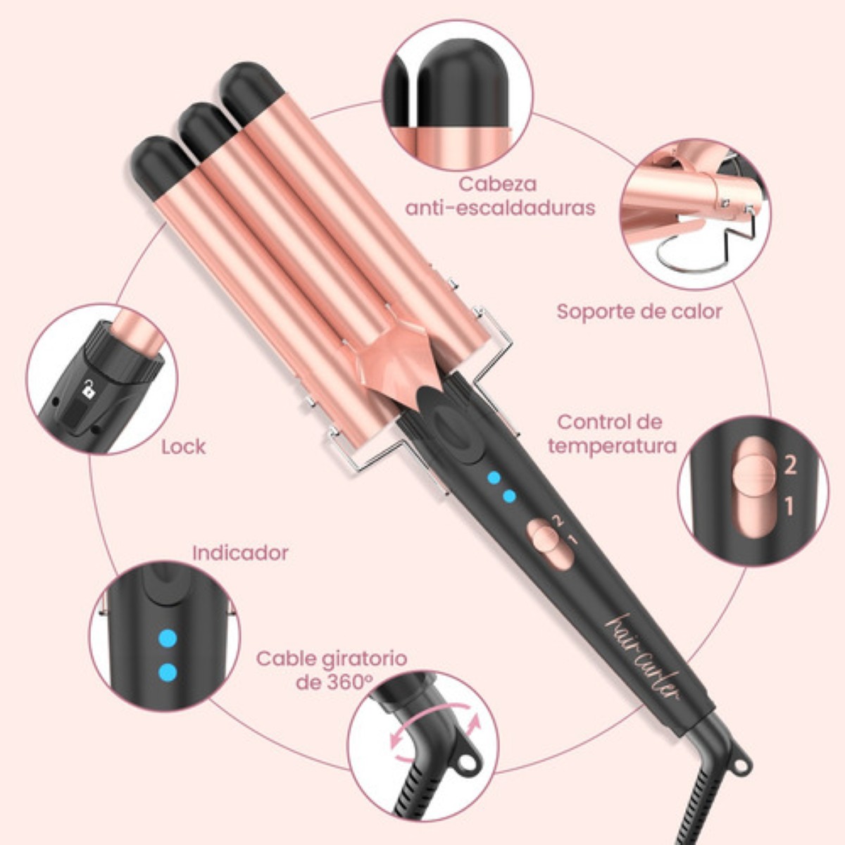 "Rizador De Cabello Cerámica Profesional Ferro Pelo 5 En 1 Rosa "