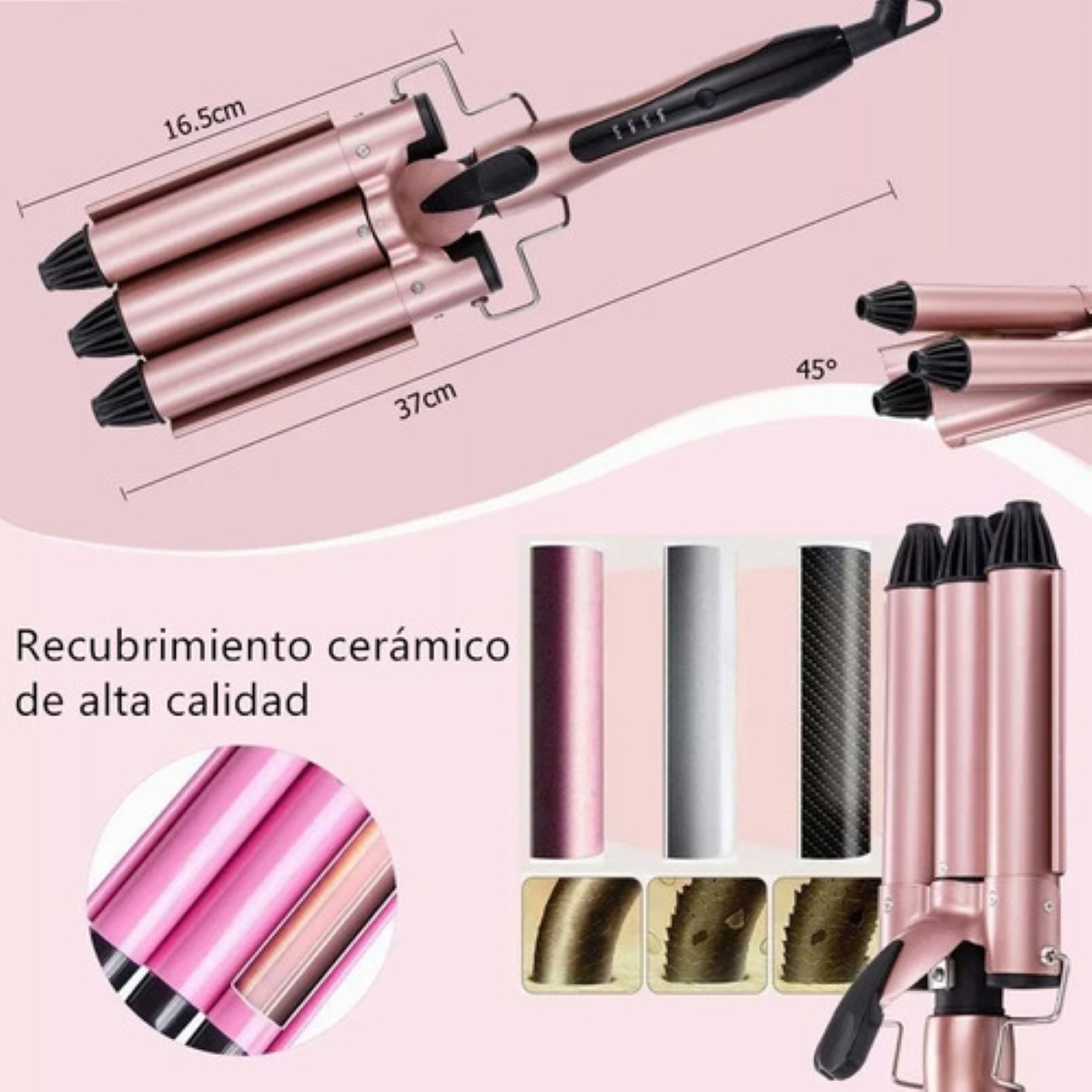 "Tenaza Rizadora Cabello Para Ondas, Temperatura Ajustable rosa "