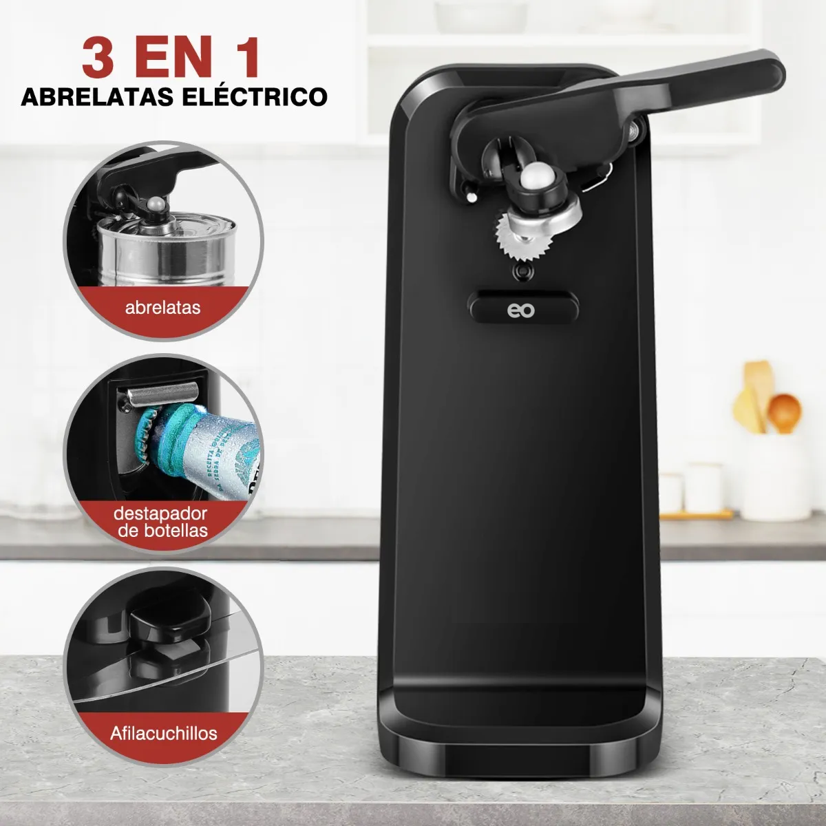 Abrelatas Eléctrico 3 En 1 Con Afilador De Cuchillo Y Función De Destapador,