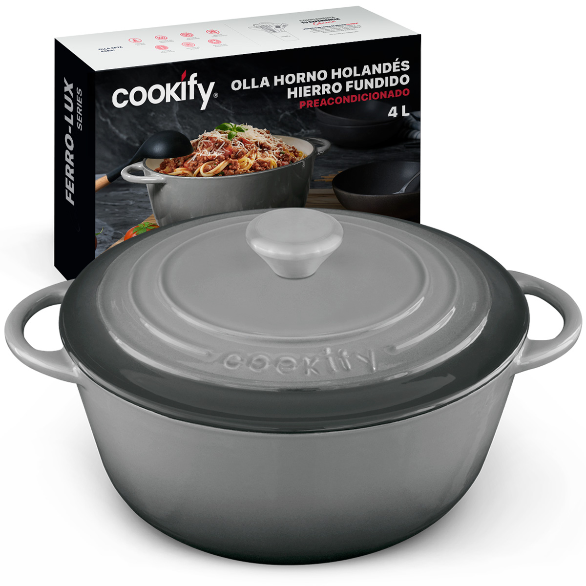 Horno Holandés Olla De Hierro Fundido Con Esmaltado 4 Lts Gris Cookify.
