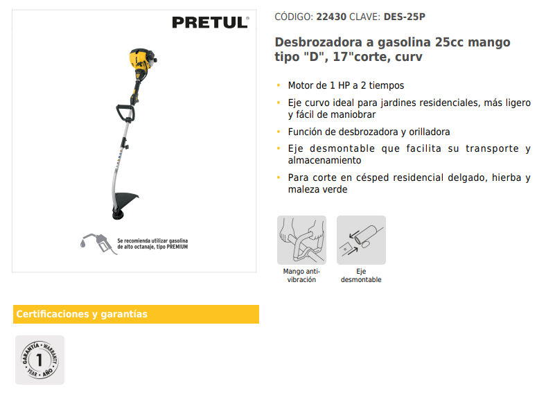 Desbrozadora con Motor de Gasolina de 1 Hp Pretul "Mosco" Para Jardinería Corta Pasto Césped Hierbas Malezas.