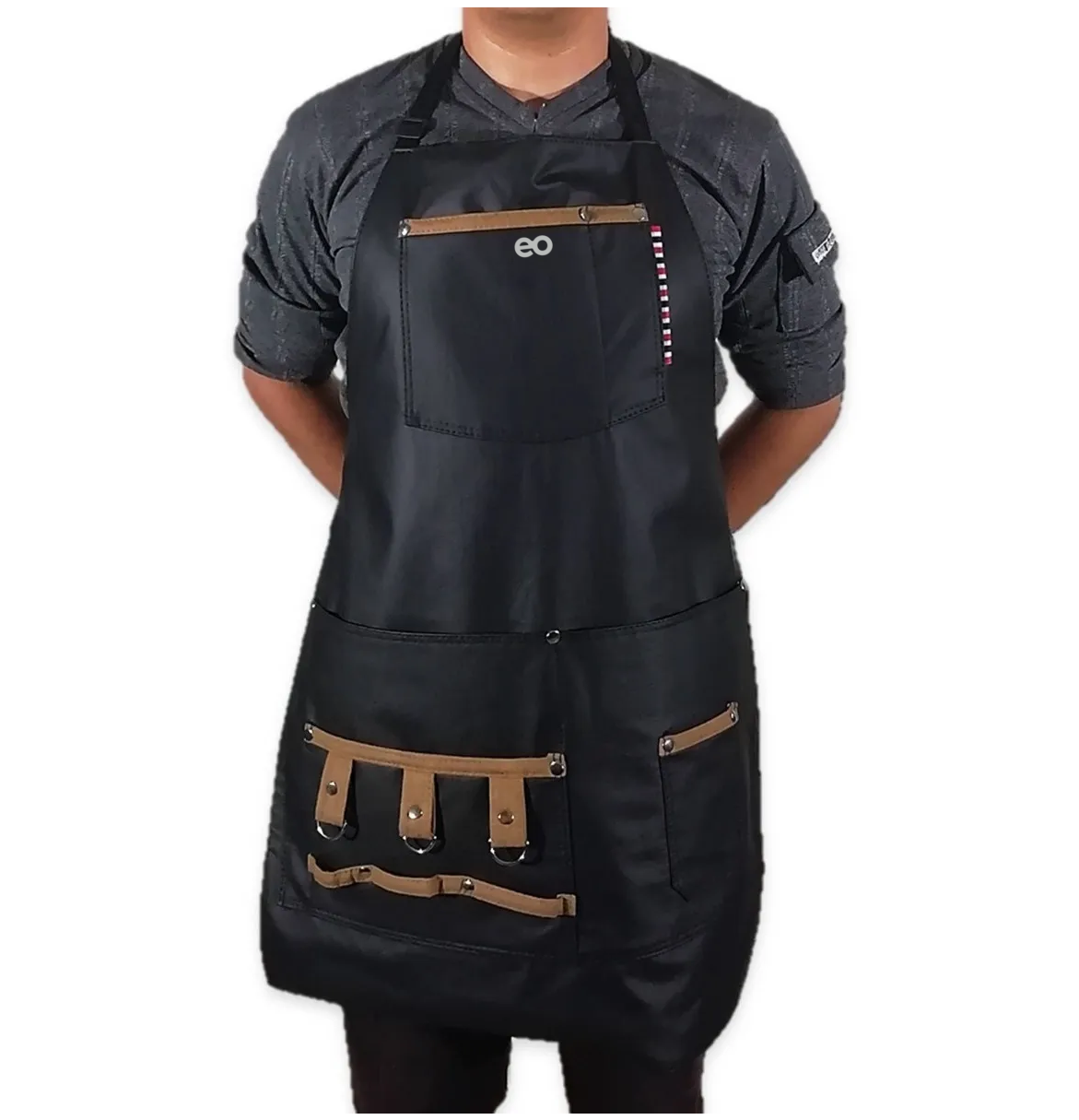 Mandil Barbero Vini Piel Delantal Estilista Porta-utensilios Negro c/Fucsia
