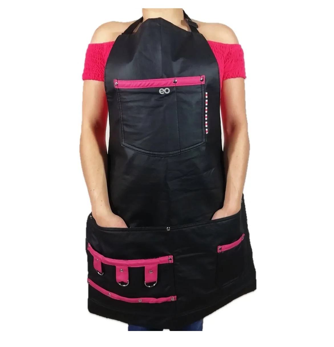 Mandil Barbero Vini Piel Delantal Estilista Porta-utensilios Negro c/Fucsia