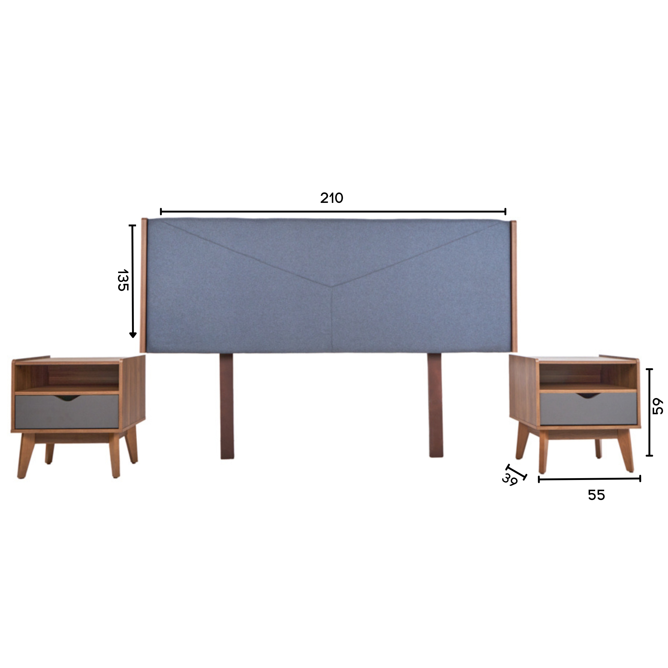 Cabecera King Size con 2 Burós de 1 Cajón Color Nogal y Gris - Madera MDF y Melamina