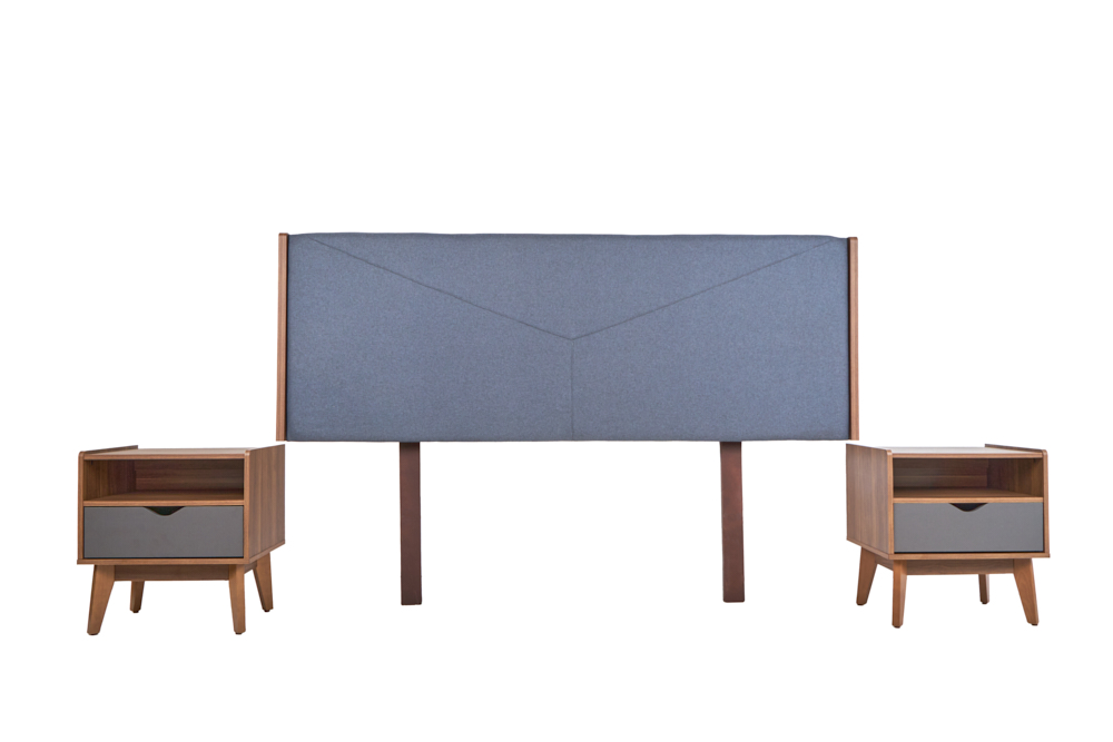 Cabecera King Size con 2 Burós de 1 Cajón Color Nogal y Gris - Madera MDF y Melamina