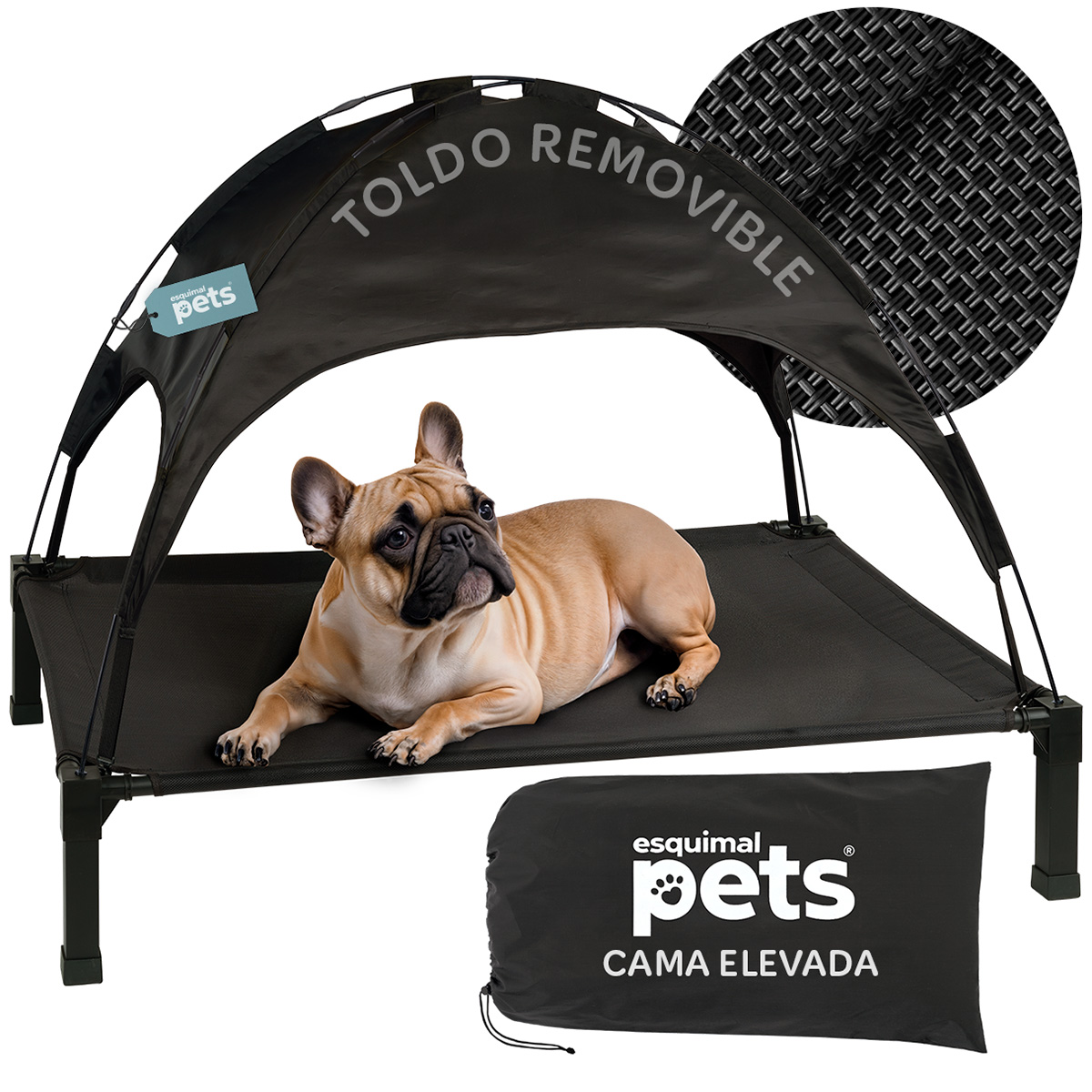 Cama Elevada para Perro Mediana con Toldo Impermeable y Malla Transpirable. Para Interior y Exterior, Color Negro. ESQUIMAL