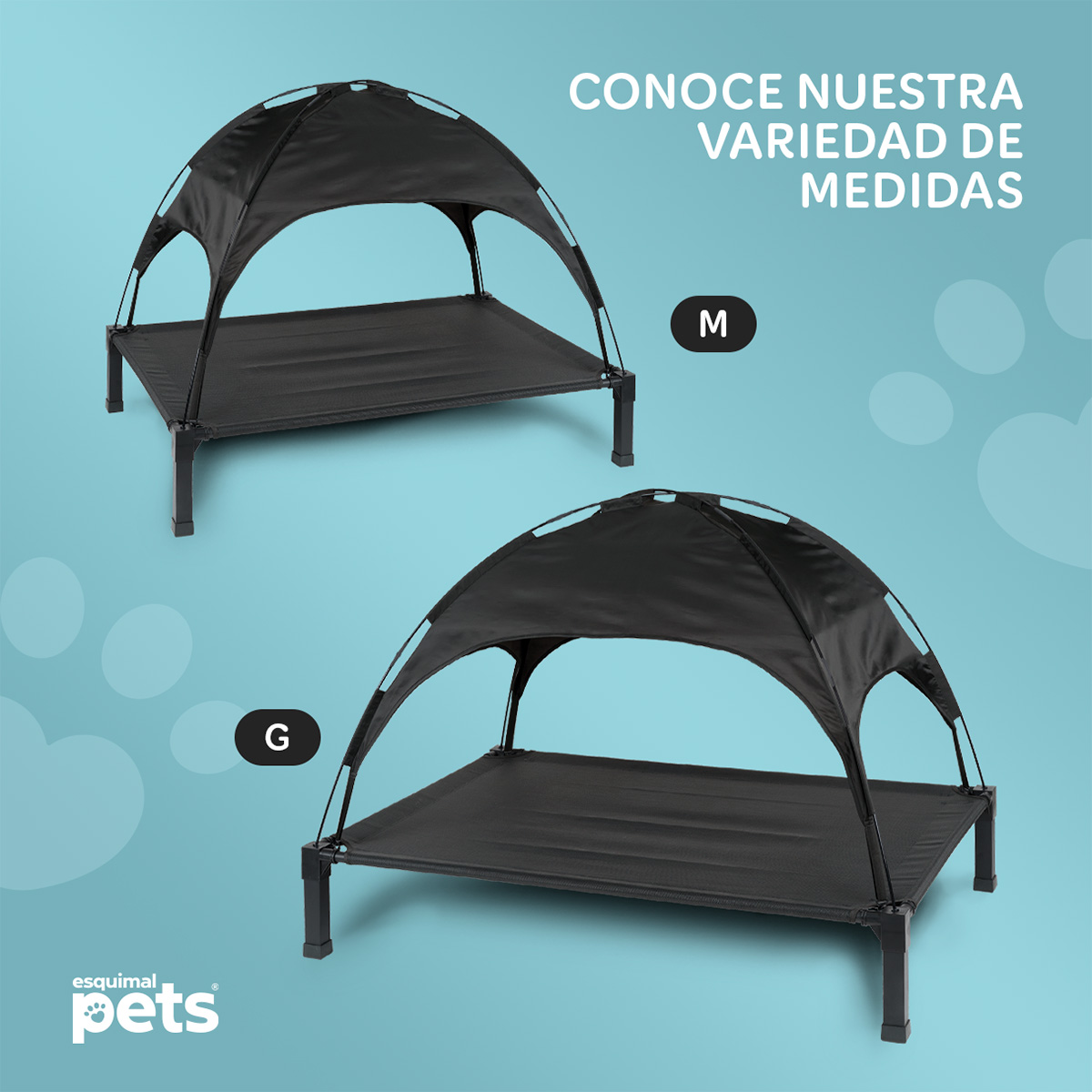 Cama Elevada para Perro Mediana con Toldo Impermeable y Malla Transpirable. Para Interior y Exterior, Color Negro. ESQUIMAL