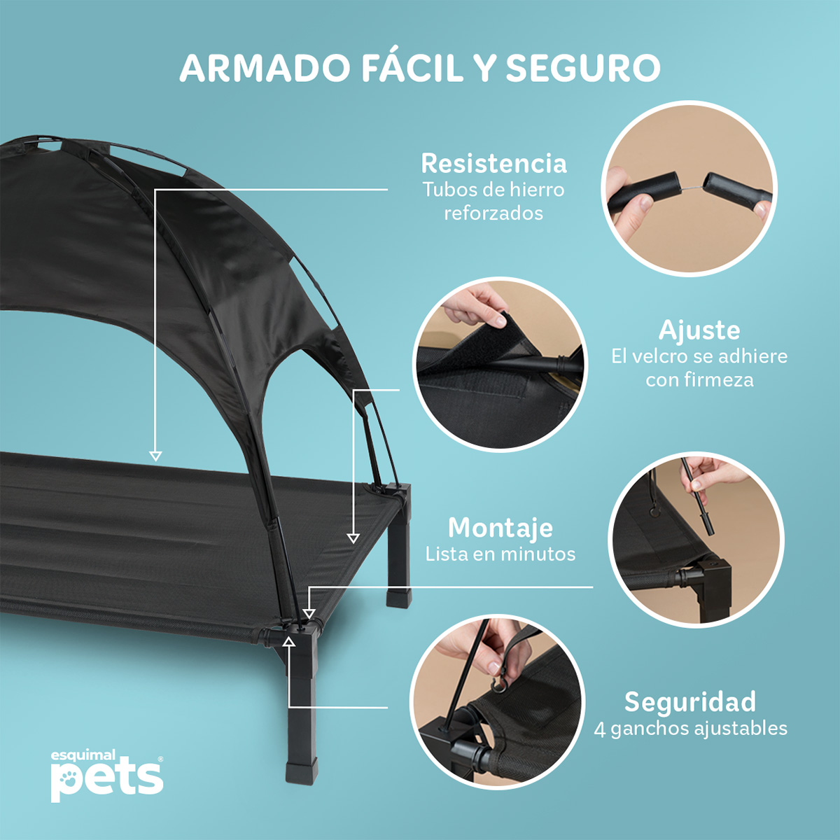 Cama Elevada para Perro Mediana con Toldo Impermeable y Malla Transpirable. Para Interior y Exterior, Color Negro. ESQUIMAL